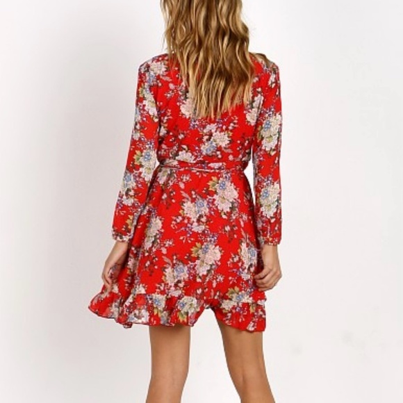 WYLDR Wicked Games Red Floral Long Sleeve Wrap Dress Size Small - Picture 3 of 14